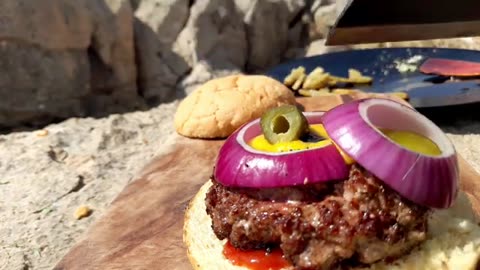 Cheese burger cooked in the WILD!🔥