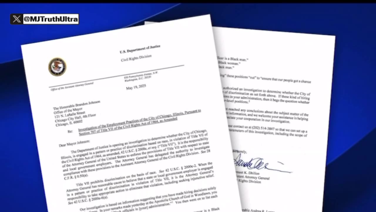DOJ launches investigates Chicago Mayor Brandon Johnson for Discrimination against White People