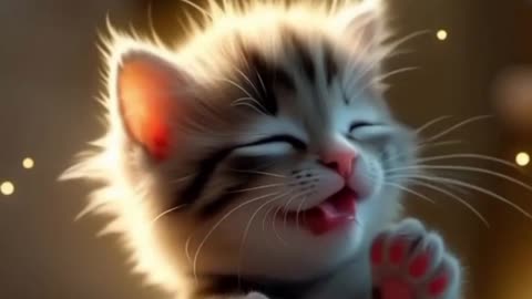 A little kitten meows on a giant's toe