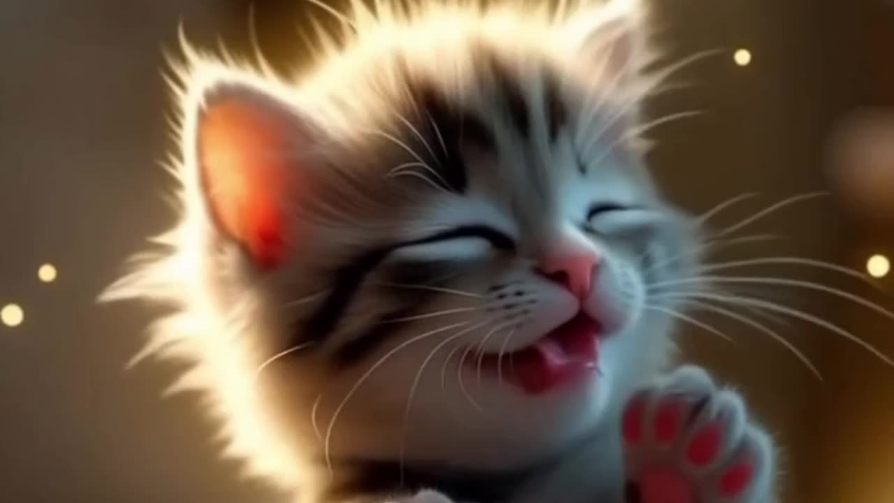 A little kitten meows on a giant's toe