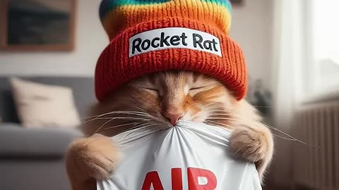 An orange cat smells a bag of air from 2017