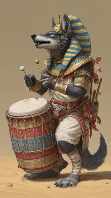 wolf wearing egypt desert uniform playing drum
