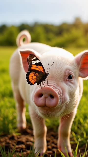Butterfly lands on baby Piggies nose