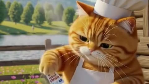 😍 cute orange tabby cat cooking in a large black frying pan over a stove. 💕❤️