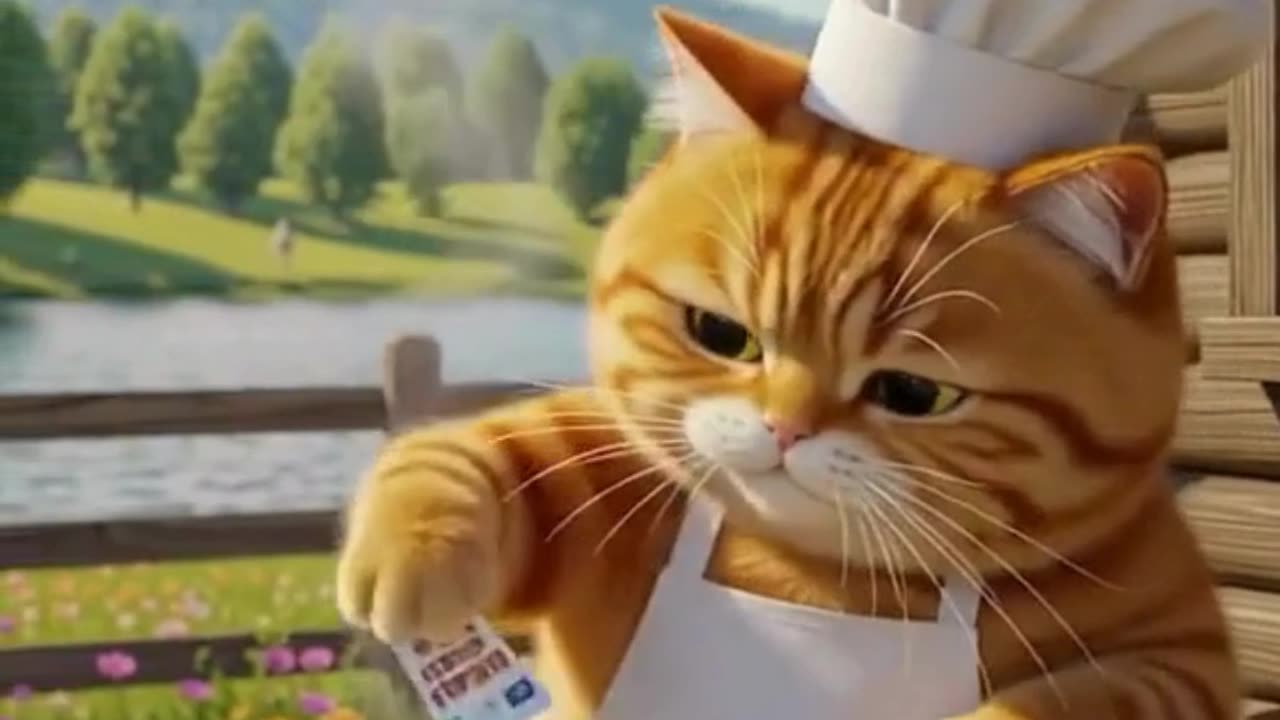 😍 cute orange tabby cat cooking in a large black frying pan over a stove. 💕❤️