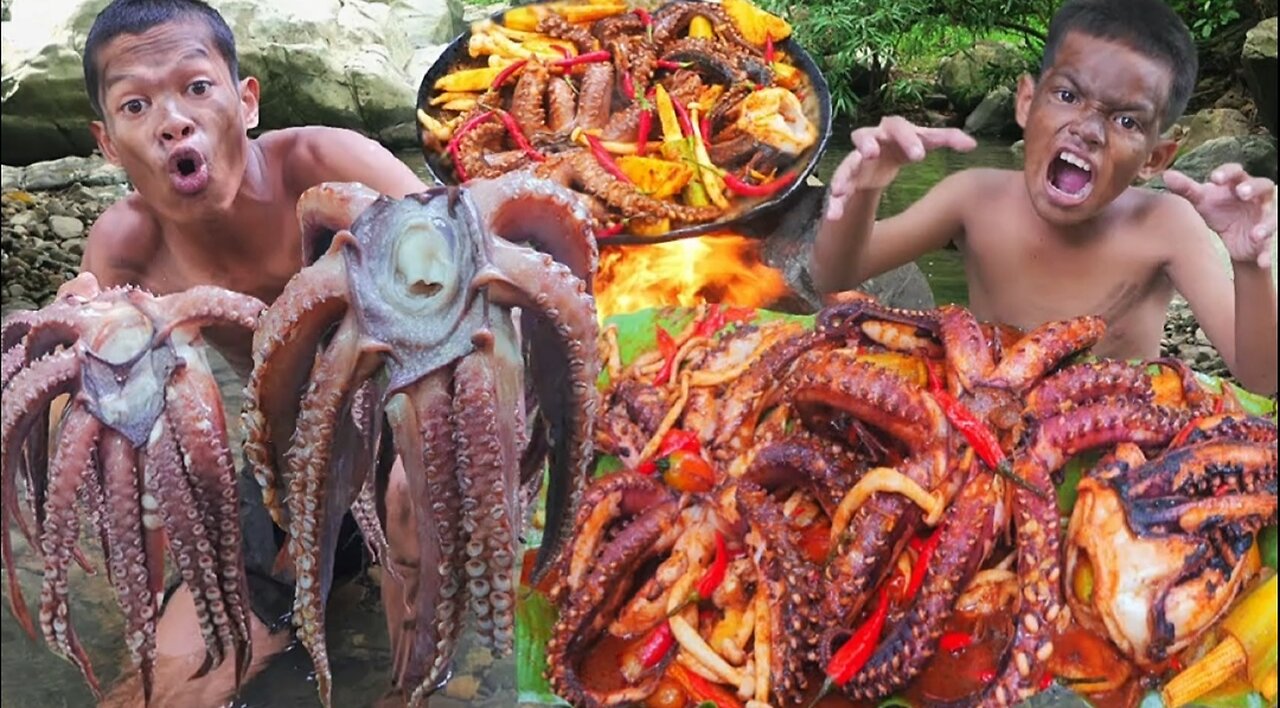 They Ate a Giant Octopus in the Jungle! 😱🔥 Extreme Cooking Challenge"