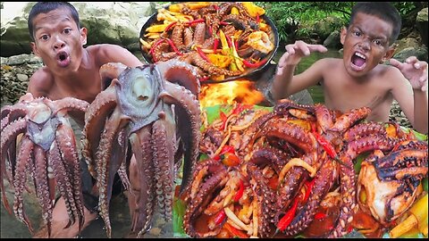 They Ate a Giant Octopus in the Jungle! 😱🔥 Extreme Cooking Challenge"