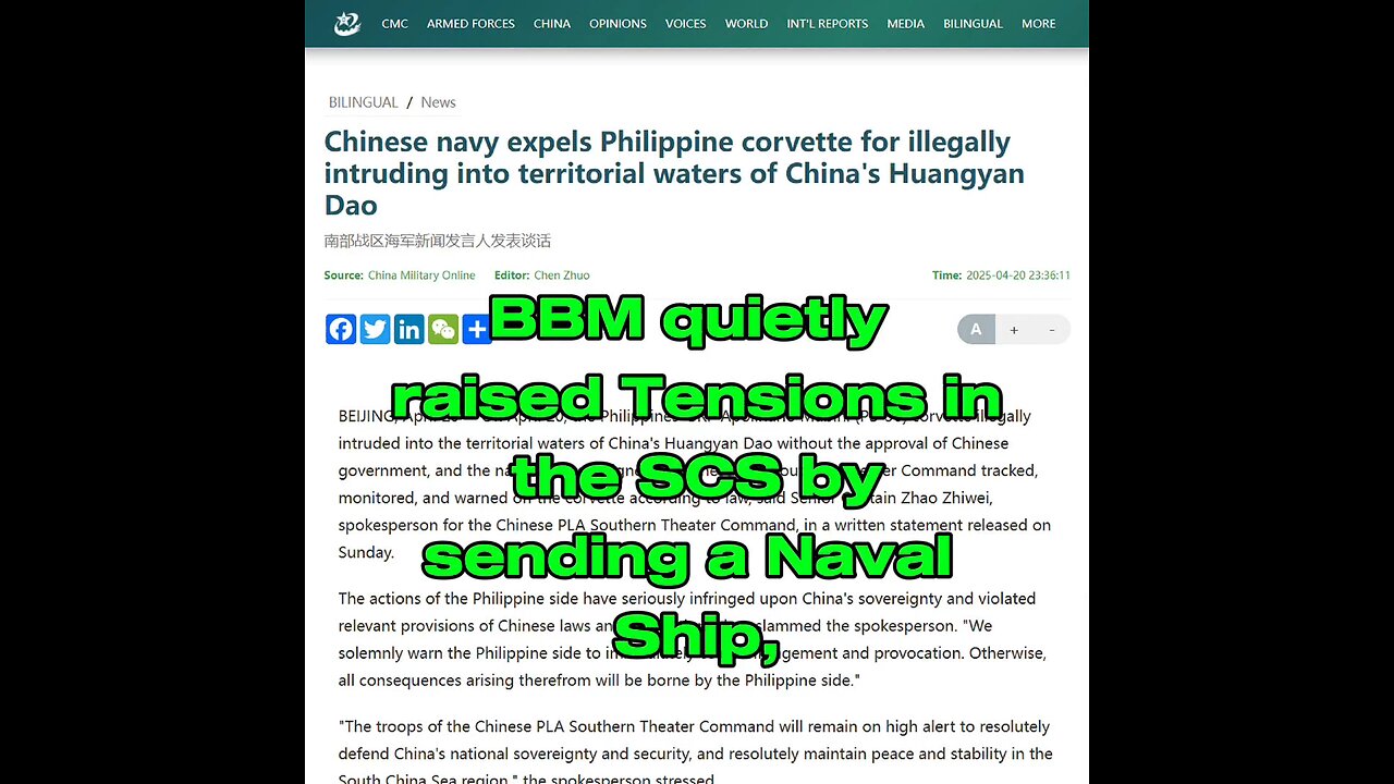 BBM quietly raised Tensions in the SCS by sending a Naval Ship, the BRP Mabini to Panatag Shoal