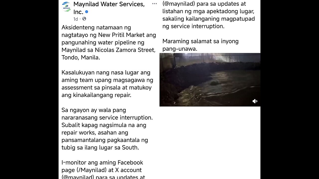 Vulnerability of Luzon’s Water Supply revealed after Damage to main Water Line took 2 Days to Repair