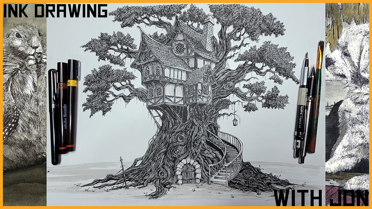 Drawing a Treehouse in Ink Pen on Watercolor Paper | Time-lapse start to end