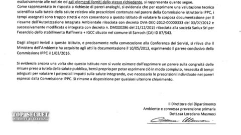 Documento denuncia di Mauro Pili sulla raffineria SARAS di Sarroch in Sardinia