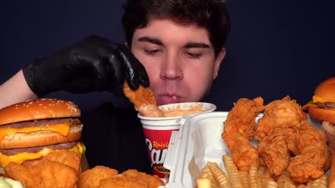 MUKBANG EXTRA CANES SAUCE MCDONALDS BIG MAC BURGERS CHICKEN & FRIES WITH CHEESE_part1