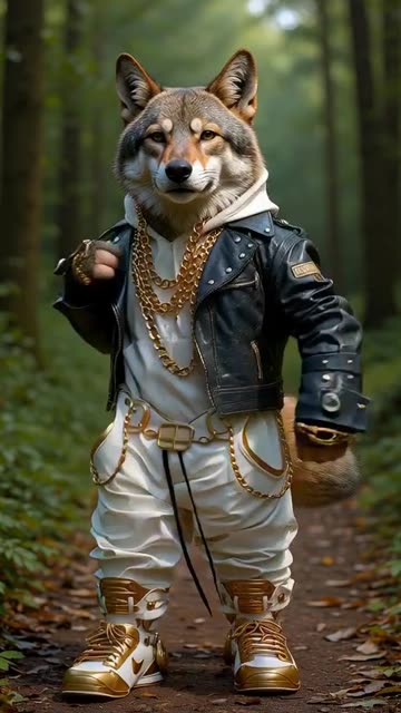 Back view, third-person perspective. Wolf dressed with gold chains a leather jacket w