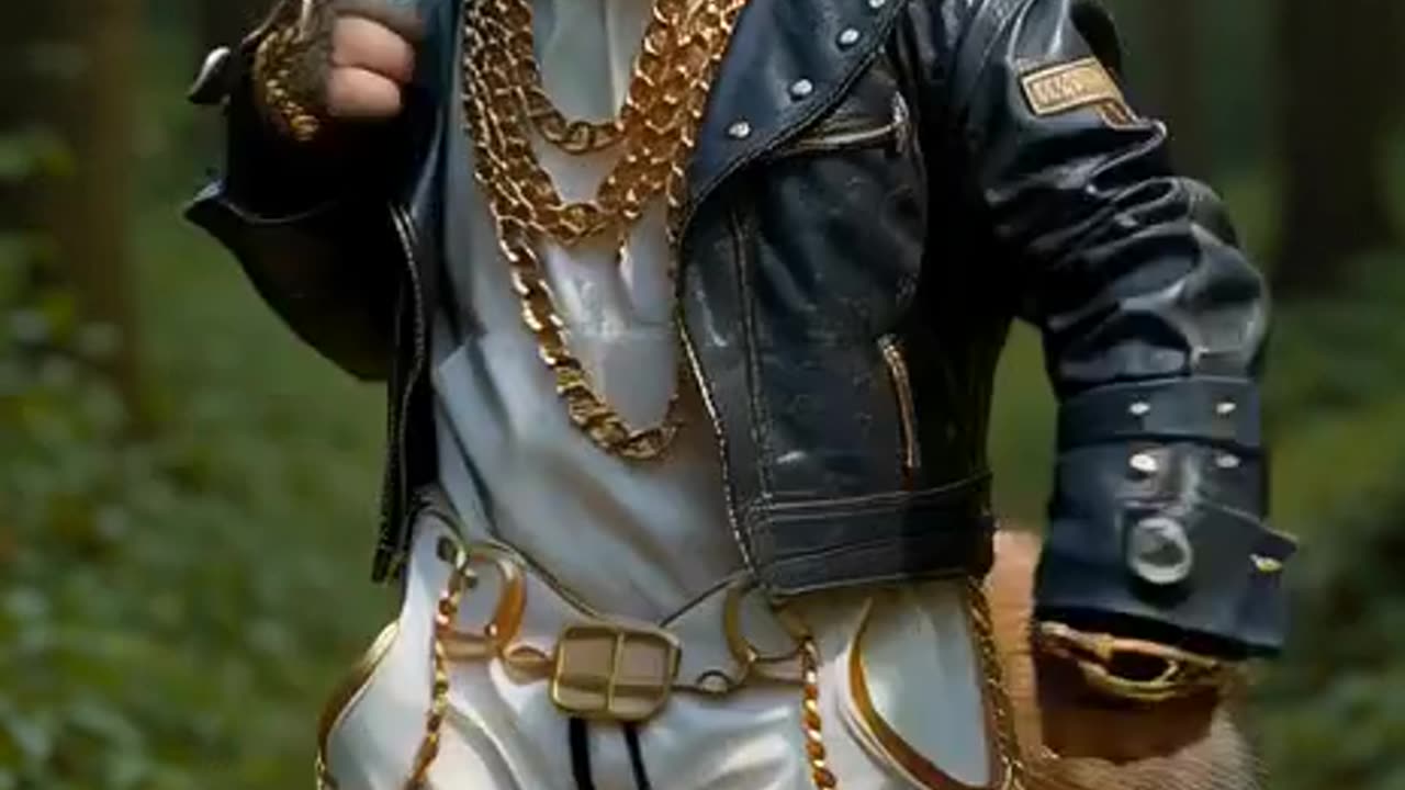 Back view, third-person perspective. Wolf dressed with gold chains a leather jacket w