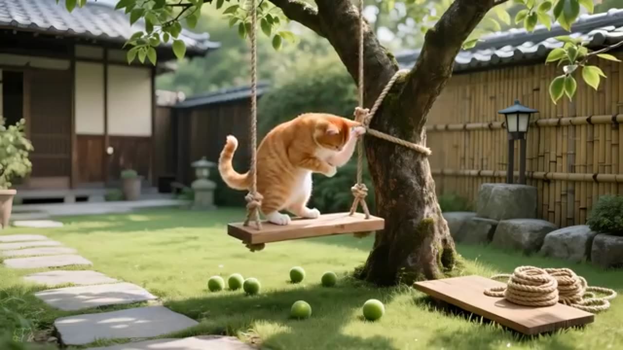 upset ginger mama and cat made a swing