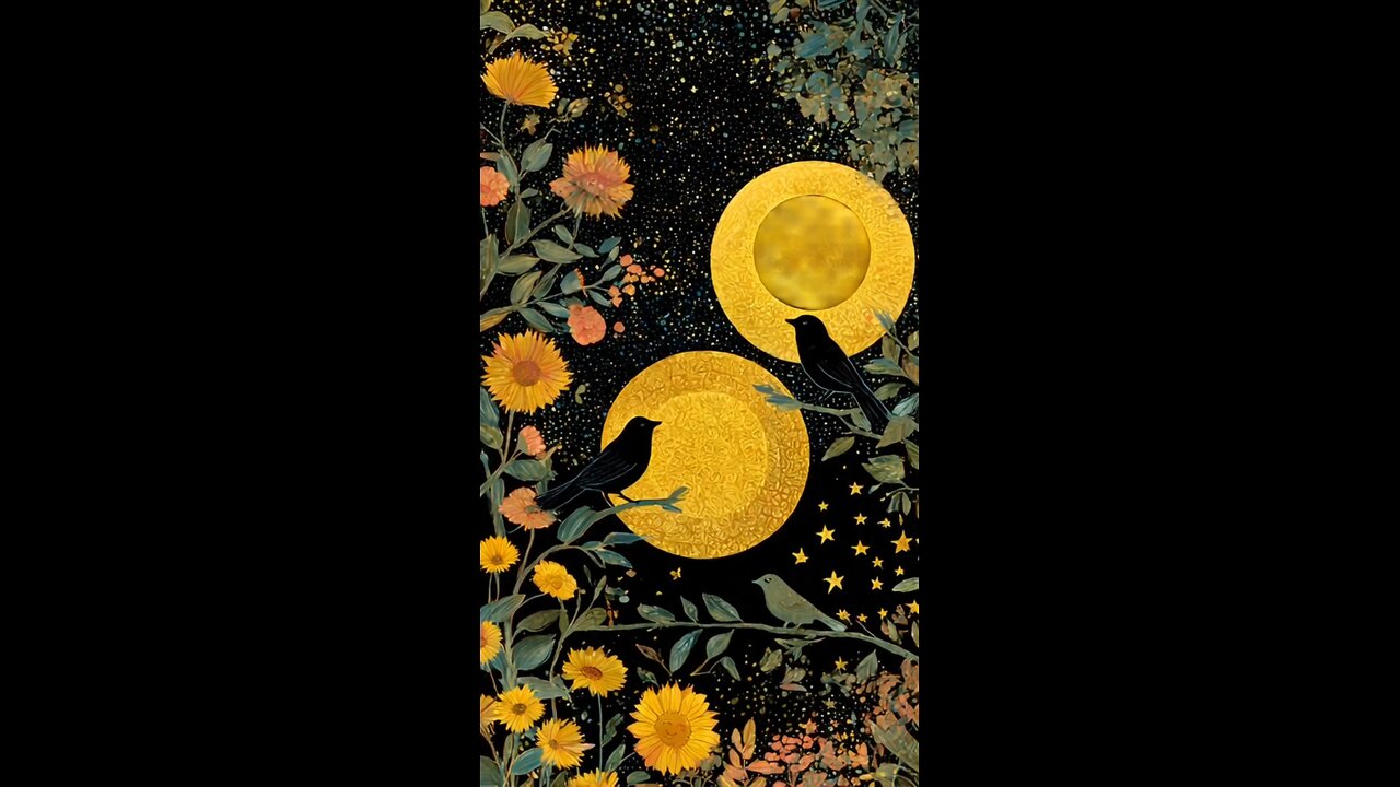 enjoy two moons and sun birds sitting on the tree with sunrise and rain with flowers blooming.