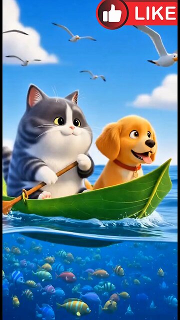 The cat and puppy are playing on a boat made of leaves in the sea. AI generate funny video