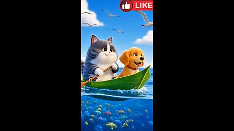 The cat and puppy are playing on a boat made of leaves in the sea. AI generate funny video