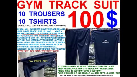 Cheap Gym track suits 10 trousers & 10 tshirts in 100 $ including DHL from Pakistan to USA UK EUROPE