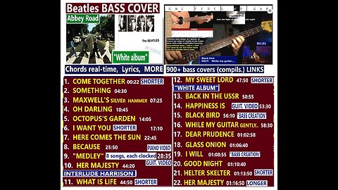 Bass cover BEATLES albums "ABBEY", "WHITE", More _ Chords real-time, Lyrics _ 900 bass covers LINKS