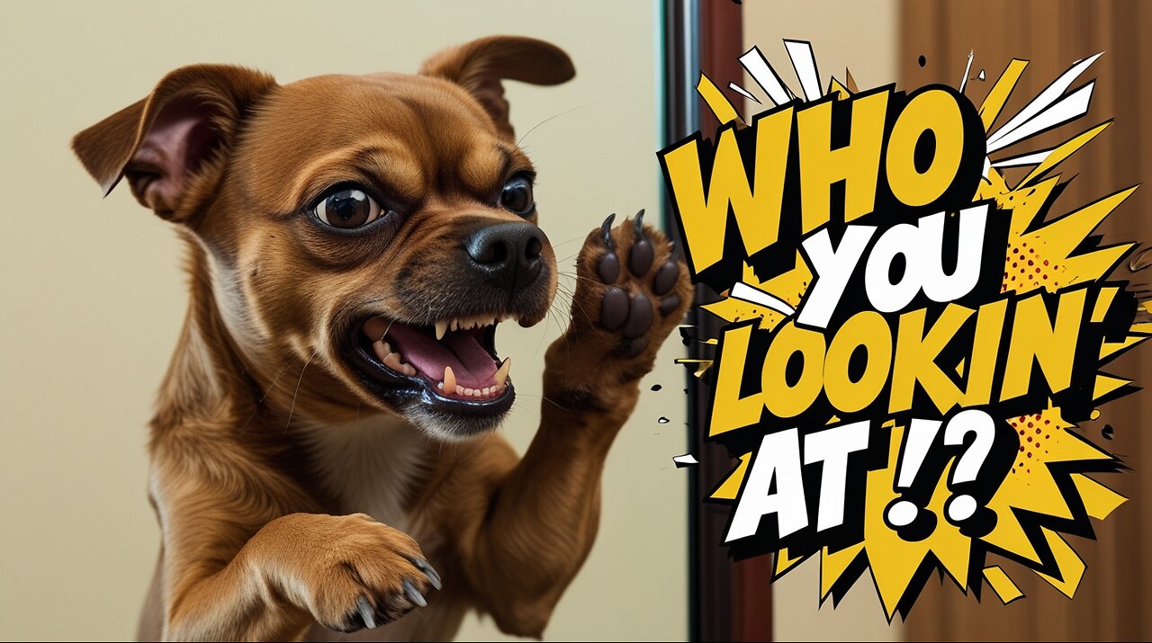 A small brown dog growling and pawing at a mirror