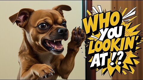 A small brown dog growling and pawing at a mirror