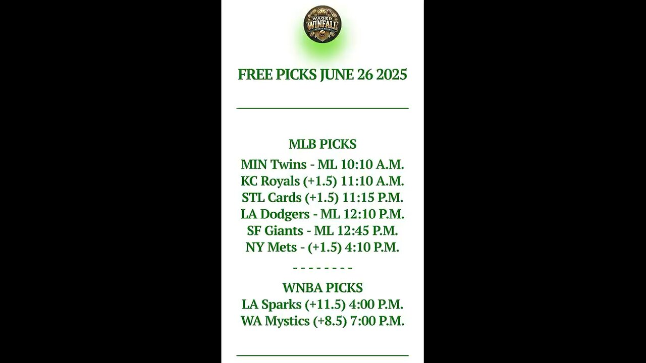 Free MLB Picks June 26 2025