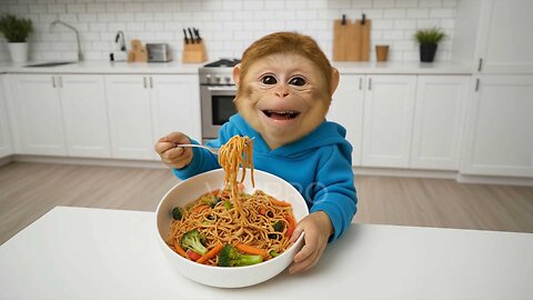The happiest food for little monkeys is noodles!
