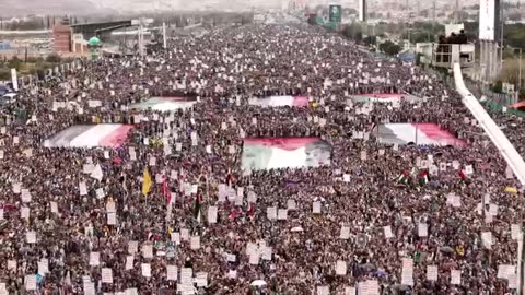 THOUSANDS in Yemen's capital flood the streets in the rain for Palestine rally