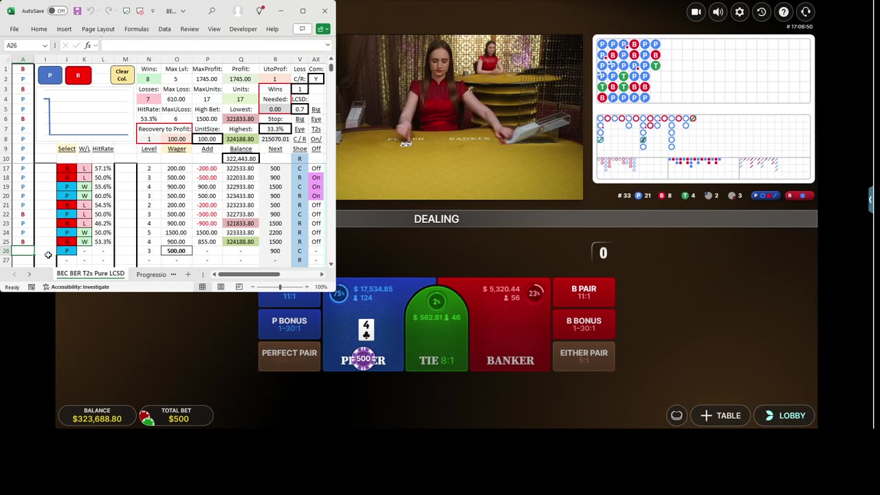 Baccarat - 103 units won in 36 minutes with 54.4% hit rate and 6 unit drawdown. LCSD set to 0.7.