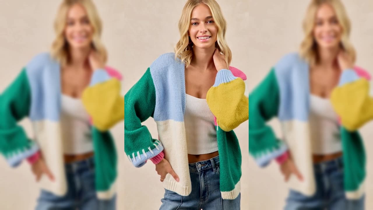 BiBi Color Block Open Front Sweater Cardigan