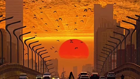 Sunset and flying birds fly together