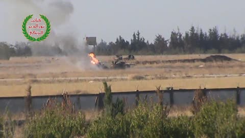 Syrian War Menagh Airbase, Aleppo, HJ-8 vs. T-55 hit (Nour al-Din al-Zenki Brigades) 2013.07.30
