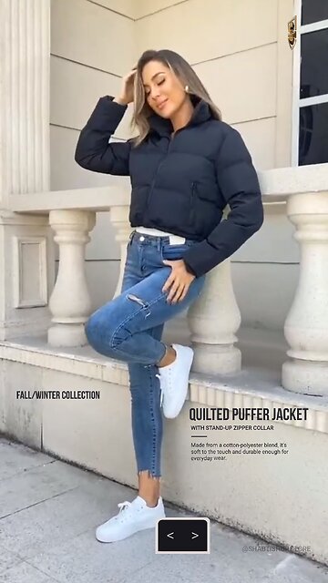 Cropped Quilted Puffer Jacket with Stand-Up Zipper Collar🔥