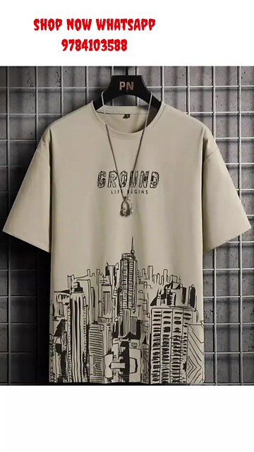 Beige Printed Cotton T-shirt with Round Neck & Short Sleeves