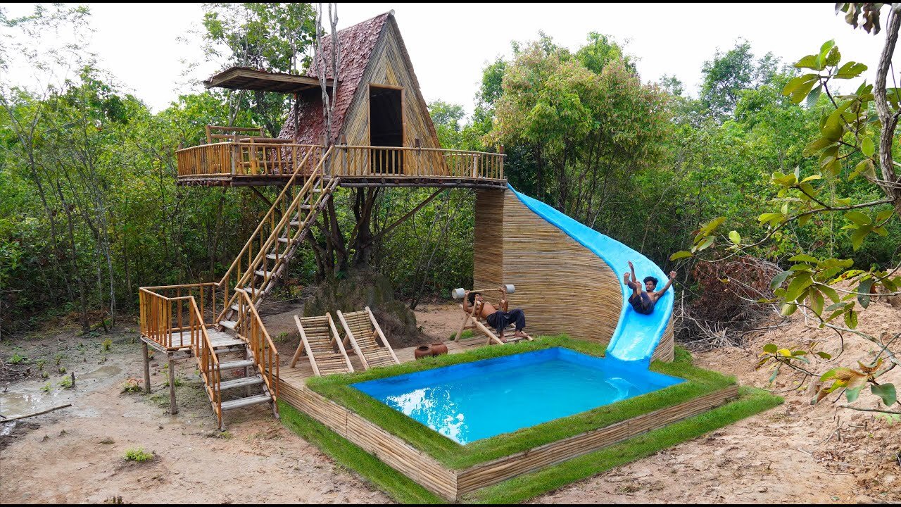 100 Days Build Tree Villa House with Waterslide To Swimming Pool