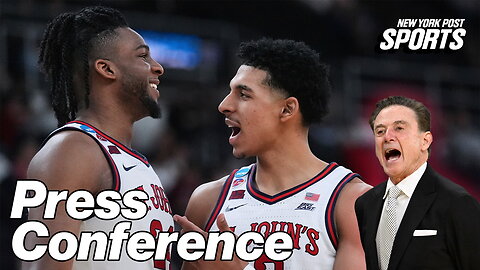 RJ Luis Jr., Zuby Ejiofor and Rick Pitino after St. John's first round win over Omaha