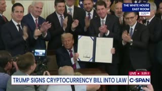 President Donald Trump signs the cryptocurrency "GENIUS Act" into law.