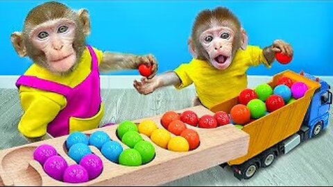 KiKi Monkey playing Marble Run Race and Lego Building Blocks with Naughty baby