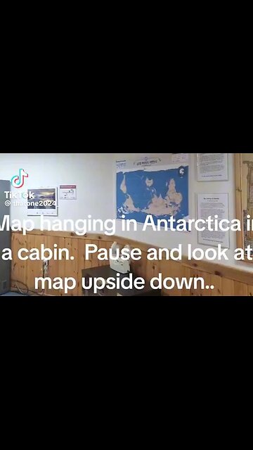 An upside down map hanging in a building in Antarctica