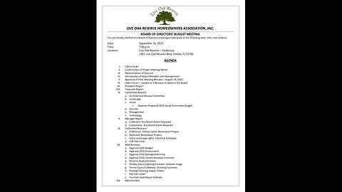 Live Oak Reserve HOA - Board of Directors Meeting 2025-09-16
