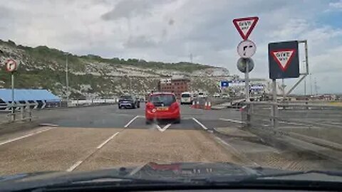 Driving off the Cross Channel Ferry through Dover Docks in the UK.