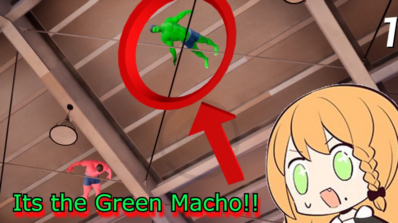 vtuber Elena Yunagi reacting to the green Macho - save the macho men in the ceiling
