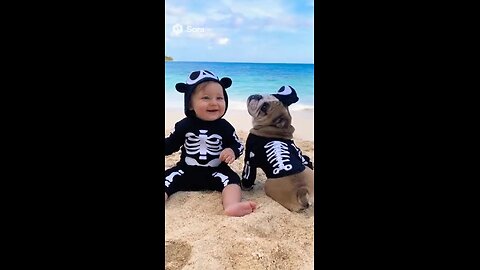 Baby and Dog Skeletons Halloween in paradise