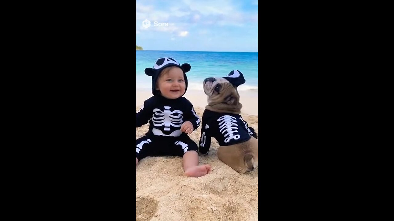 Baby and Dog Skeletons Halloween in paradise