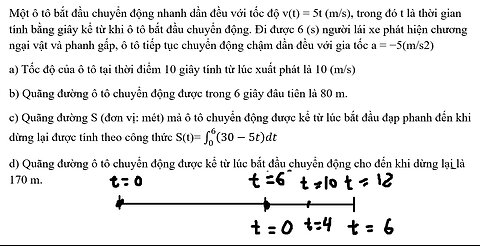 Một ô tô bắt đầu chuyển động nhanh dần đều với tốc độ v(t) = 5t (m/s), trong đó t là