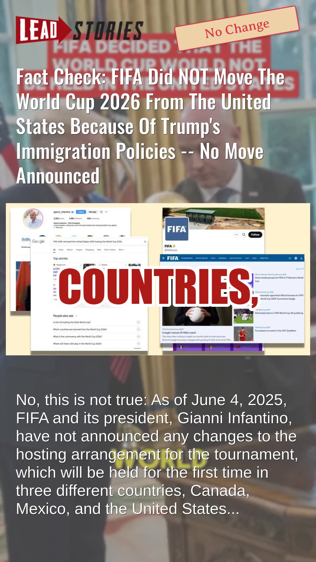 Fact Check: FIFA Did NOT Move The World Cup 2026 From The United States -- No Move Announced