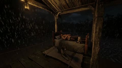 Relaxing Thunderstorm ASMR | Cozy Porch Bed Sleep with Dog & Cat in RDR2