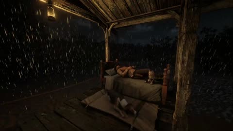 Relaxing Thunderstorm ASMR | Cozy Porch Bed Sleep with Dog & Cat in RDR2