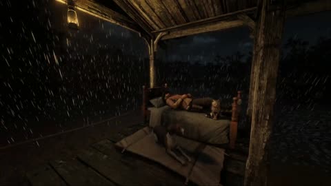 Relaxing Thunderstorm ASMR | Cozy Porch Bed Sleep with Dog & Cat in RDR2